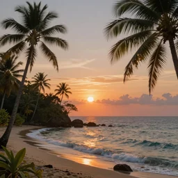 a beautiful view of a tropical seascape, the sun is setting in the background, magical, stunning, art by caspar david friedrich and asher brown durand and peder balke, intricate details, trending on artstationhq and wikiart
