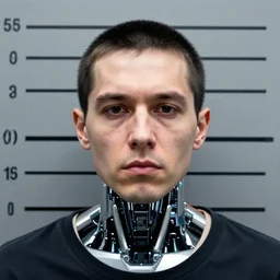 grainy photo of an ugly man, cyborg!!!! criminal!!!!, (((high tech, cyberpunk))), mugshot!!!