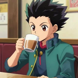 a photo hisoka from hunterxhunter drinking coffee