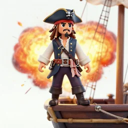 a cool looking pirate, standing on the edge of the ship, big explosion on the background, in the style of tintin
