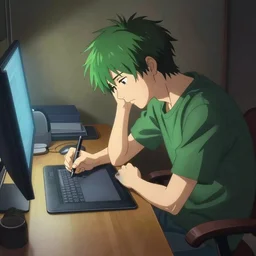 a detailed painting of a green haired anime man sitting at a desk, tired, staring at the computer and drawing on a wacom tablet, in a hd screenshot from the anime film by makoto shinkai, in the style of peter mohrbacher, dramatic lighting and composition, trending on artstation, concept art