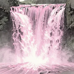 an endless waterfall, pink colour splash, painted with a thick brush, detailed sumi - e illustration
