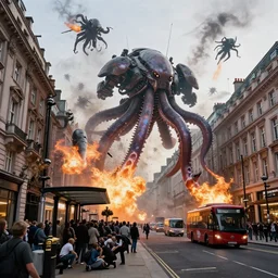 a perfect street level photograph of the bow high street in london being engulfed in an invading aerial fleet of armoured gargantuan giant mechanised squids, bombarding the area with flaming jelly attacks. the crowds below are cowering beneath a bus shelter.