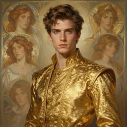 portrait of a handsome male wearing gold clothes, diffuse lighting, fantasy, intricate, elegant, highly detailed, lifelike, photorealistic, digital painting, artstation, illustration, concept art, smooth, sharp focus, art by john collier and albert aublet and krenz cushart and artem demura and alphonse mucha