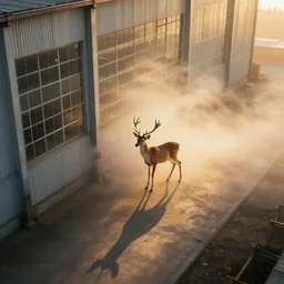 a cinematic aerial shadow of a majestic but tiny deer standing outside a very large industrial building with great windows, golden light, fat mist, backlit, insane details, hyperrealistic photo by jimmy nelson, trending on artstation