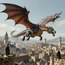 large dragon flying over medieval city, in style of artgerm and charlie bowater, 8k, hyper detailed