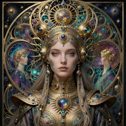 detailed realistic beautiful young biopunk queen of mandelbrot galaxy in full regal attire. face portrait. art nouveau, symbolist, visionary, baroque, giant fractal details. horizontal symmetry by zdzisław beksinski, iris van herpen, raymond swanland and alphonse mucha. highly detailed, hyper - real, beautiful