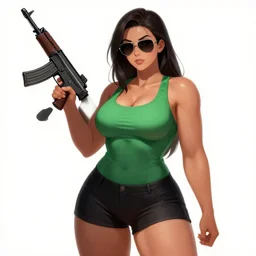 an anime art of beautiful curvy girl with an athletic feminine body in a green tank top with black shorts and aviator classic sunglasses holding an m 4 assault rifle, long hair, anatomically correct, tanned body, confident facial expression, white background, highly detailed, digital painting, artstation, concept art, illustration