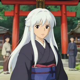 portrait of a young japanese girl with long white hair in traditional clothing at a shrine, fine detailed features, trending on pixiv fanbox, ilya kuvshinov makoto shinkai takashi takeuchi studio ghibli, akihiko yoshida, 4 k
