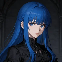rimuru, long blue hair, anime girl, bangs, gothic, anime character, noir, screenshot, sharp focus, intricate, illustration, cell shaded, digital painting, highly detailed, matte, art by ilya kuvshinov, unreal engine 5, wlop, greg rutkowski, studio quality, james jean, akihiko yoshida