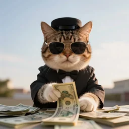 a gangster cat with sunglasses counting money, low angle, shot from below, worms eye view, golden hour