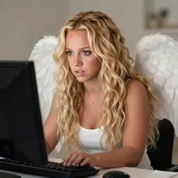 young britney spears look alike with extremely long blonde voluminous curly hair sitting at a computer, with an angel sitting on her shoulder, anxious, self sabotage