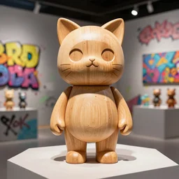 8 k octan, advertising, highly detailed, photo, a totally wooden figurine collectible art toys wooden on feet, very cute fat catalan with cat ears, cyberpunk, graffiti ratio, design, showroom dealership indoor display convention exhibition a contemporary art gallery masterpiece - a k _ dpm _ 2