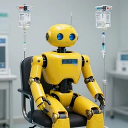 a yellow mechanic basket case robot sitting on the chair in the middle injection with bunch of infusion therapy bottles