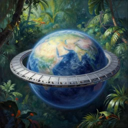 intergalactic stargate portal on a planet with a jungle in the background by thomas kinkaid