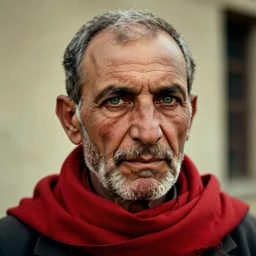 portrait of president woodrow wilson as afghan man, green eyes and red scarf looking intently, photograph by steve mccurry