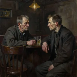 dark oil realistic painting a gaunt man having a conversation at a soviet style bar with an old drunk