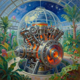 a cinematic view of the inside of a fractal combustion engine, large indoor greenhouse with exotic plants, retrofuturism, scifi art, oil on canvas, biodome, stars in the sky above, details, hyper - detailed, hd, hdr, 4 k, 8 k