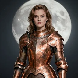 stunningly beautiful paladin in copper colored plate armor who looks like young michelle pfeiffer, moonlight in the background by alphonse mucha, soft lighting, HD, sharp focus, elegant, intricate, masterpiece, concept art, character design