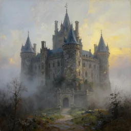 a gothic castle in morning's sunlight, mist and dew. 8 k, oil on canvas, hyperdetailed