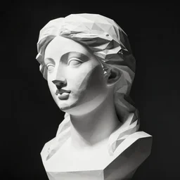 beautiful artistic white low poly statue of a beautiful woman head and shoulders shot in the dark in hard light black and white photo