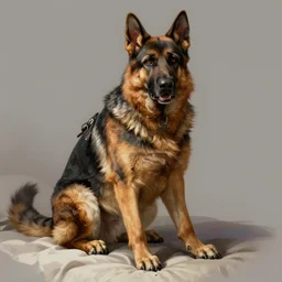 a wounded humanoid german shepherd beast - man in war style, his right ear was bitten off, sitting on the bed, highly detailed portrait, digital painting, artstation, concept art, smooth, sharp foccus ilustration, artstation