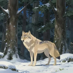wolf on a winter forest, makoto shinkai