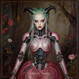 album cover of Grimes as an evil robot cyborg character in a romantic pre-raphaelite style