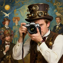 hyper realistic photographer looking through camera, magical, steampunk, painted by norman rockwell, tom bagshaw, mucha, gaston bussiere, craig mullins, j. c. leyendecker 8 k