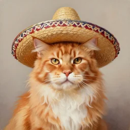 Beatiful Oil painting of an orange Maine-coon with white beard, wearing sombrero