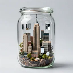 glass jar terrarium with a city inside of it - realistic new york city with mirror windows surrounded by plants, highly symmetrical, balanced, glowing, in the style of sahm : 3, hd, ultra - realistic, in unreal engine