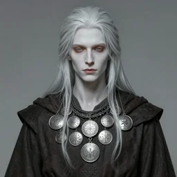 portrait of a young male mage with pallid skin wearing many silver medallions runes and round jewellery, sigils and robes, peaceul expression, art by greg rutkowski
