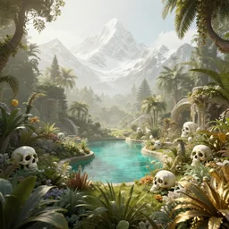 a beautiful 3 d render of a paradise garden, a land of the dead, divine, hazy, volumetric lighting, snowy summits in the background, turquoise lake, lush flora, very detailed, serene, gold accents, washed out colors, photorealistic, master level composition, raytracing