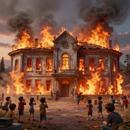 a beautiful hyperrealistic detailed 3D render of a burning orphanage with kids crying outside, by Anton Otto Fischer, Atey Ghailan, genzoman, unreal engine, octane render, gigantic, 3D, brilliantly coloured, intricate, ultra wide angle, trending on artstation, embers, smoke, dust, dusk, volumetric lighting, HDR, polished, micro details, ray tracing, 8k