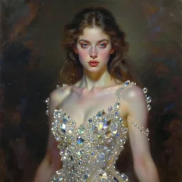 Young woman body draped in crystals. Oil painting fantasy magic concept art
