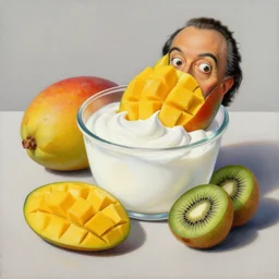 yougurt with mango and kiwi fruits beautiful still life painting by salvador dali