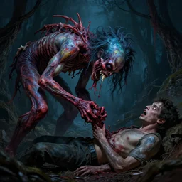 a very colorful and beautiful ( flesh - eating ) tsikalawa, eating the leg of a terrified man, by alexandro judorowski and basia tran, fear, morbid, nightmare, supernatural, 8 k, digital art, highly detailed, chiaroscuro, creepy, terrifying