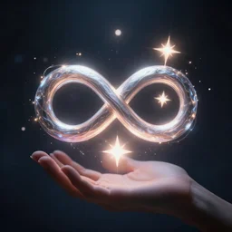 a floating infinity sign mixed with a heart and a six pointed star glowing and floating in between a pair of hands, epic, cinematic, mystery, fantasy.