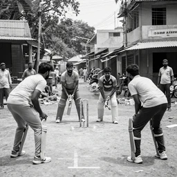 four tamil friends playing a game of cricket, on an indian street, award winning image, national geographic, dslr image, black and white