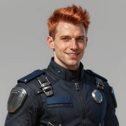 Portrait of a man by Greg Rutkowski, he is about 30 years old, mixture between russian and turkish, quiff copper hair, attractive, uncanny smile, he is wearing a futuristic police outfit, highly detailed portrait, scifi, digital painting, artstation, concept art, smooth, sharp foccus ilustration, Artstation HQ
