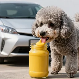 a closeup photorealistic photograph of a poodle licking a glass jar of yellow mustard. a toyota prius is in the background. professional capture. brightly lit scene. this 4 k hd image is trending on artstation, featured on behance, well - rendered, extra crisp, features intricate detail, epic composition and the style of unreal engine.