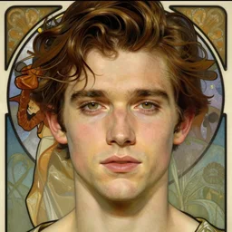 realistic detailed face portrait of jonathan rhys meyers by alphonse mucha, ayami kojima, amano, greg hildebrandt, and mark brooks, male, art nouveau, neo - gothic, gothic