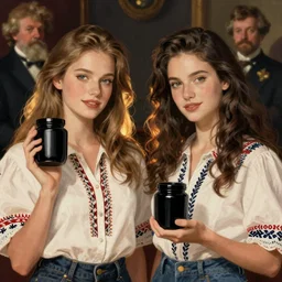 portrait of two beautiful gorgeous captivating finnish norwegian swedish glamour models with black jars in hands, jodhpurs greg manchess painting by sargent and leyendecker, studio ghibli, close - up shot rim light asymmetrical illustration hearthstone, by greg rutkowski by greg tocchini by craig mullins