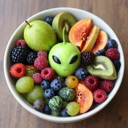 a bowl of beautiful and appetizing alien fruits and berries