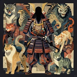 japanese warrior, abstract art, various animals, monster, twisted god with no face, by makoto shinkai. intricate details, rectilinear, centered, trending on artstation, featured on behance, 8 k, digital art