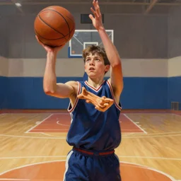 portrait of a boy at a basketball court playing basketball wearing a basketball uniform in a basketball court attempting to score, intense emotion, detailed facial expression, detailed surroundings, intricate, elegant, highly detailed, centered, digital painting, artstation, concept art, smooth, sharp focus, illustration, by Peter Mohrbacher, WLOP
