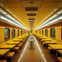 photo of an infinity subway restaurant with counters and tables spanning forever endless yellow walls and tables, 8 k