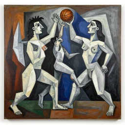 a basketball player fighting the ball with two minotauro, dynamic, cubism, guernica style, picasso, big canvas