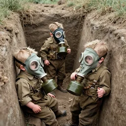 babies inside of the trenches of ww 1, they have gas masks, 8 k, colorized photo