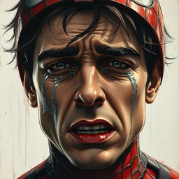 beautiful painting by jeremy mann, portrait of tobey maguire as spider - man in pain grimacing in tears weeping crying, absurdly beautiful, elegant, ultrafine hyperrealistic detailed face illustration by wlop and artgerm and greg rutkowski, alphonse mucha, frank franzetta, craig mullins, intricate linework, sharp focus, smooth, octopath traveler, final fantasy, unreal